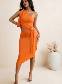 RARO 纯色单肩圆环镂空不对称性感中长连衣裙夏季女士海滩度假