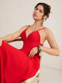 VIOLA AND VESPER Vintage Red Spaghetti Strap Corset Woven Poplin Voluminous Midi Dress Women Summer Dress