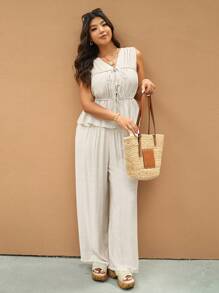 Elaquor 2-Piece Plus Size Women Casual Set: Tie-Up Sleeveless Crop Top And Relaxed Fit Pants, Fashion Streetwear Outfit, Spring/Summer New Arrivals