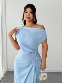 Elenzga Plus Size Dropped Shoulder Ruched Elegant Dress - Blue - View 2