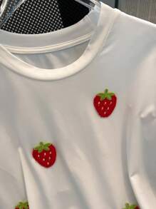 Chiquease New Fashionable T-Shirt For Women, Sweet And Youthful Look With Embroidered Strawberry Patches, Versatile And Slimming Regular Fit, Short Sleeve - White - View 3
