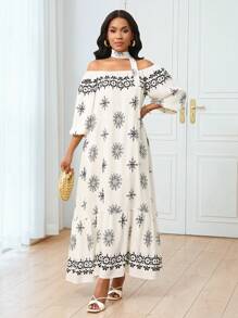 SHEIN Unity Vestido con estampado retro, hombros descubiertos y volantes para vacaciones para mujeres - Albaricoque - Ver 5
