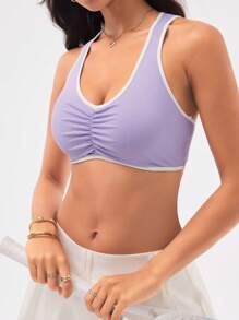 SHEIN Sport Studio Damen Sport-BH mit Kontrastbindung und Rundhalsausschnitt, geraffter Saum, Damenbekleidung, Sport-Trainingskleidung, Damen-Trainingsoberteil, Damen-Sport-BHs, Damen-Sport-Sets