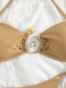 SHEIN Swim 女士夏季海滩音乐节罗纹面料卡其色吊带时尚配饰比基尼套装 - 卡其色 - 查看 6