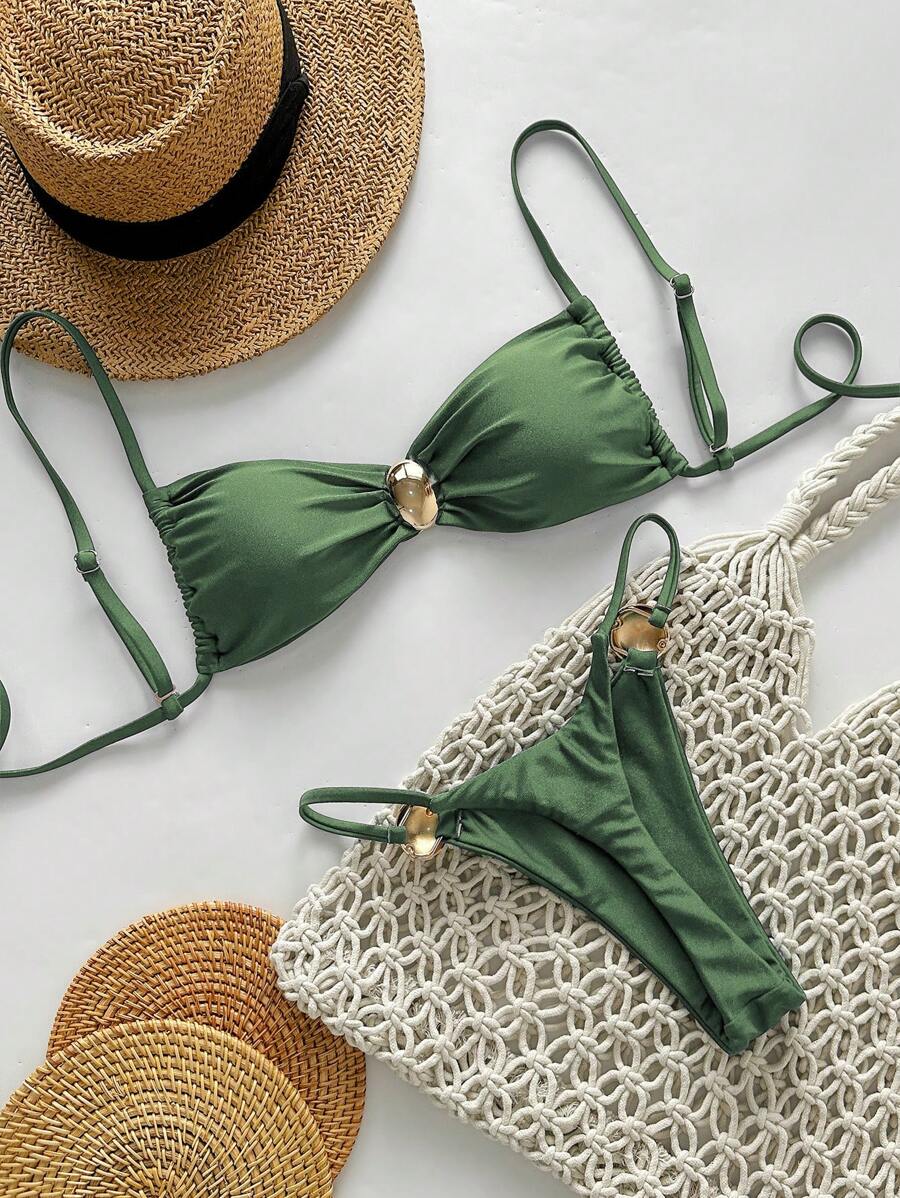 Swim Chiccia 2pcs Women Summer Vacation Outfits, Gold Round Accessory Sleeveless Top And Thong Bikini Beach Swimwear Set Green Olive Green Holiday - Army Green - View 1
