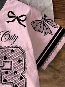 SHEIN 2pcs/Set Girl's Casual Lace Bow Decor Numeric 23 Print Short Sleeve Top And Shorts Set, Pink, Summer Outfit - Multicolor - View 5