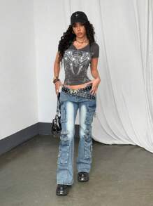 StreetHx 女式黑色修身哥特花卉印花水钻铆钉街头舒适汗衫，朋克 V 领复古 Y2K Grunge 短袖 T 恤，春夏 - 深灰色 - 查看 6