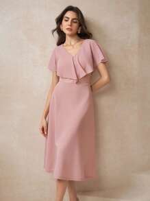 Amorya 女士中長款綠色裙子，褶邊下擺設計 - 藕粉色 - 查看 6