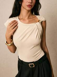 Poéselle Women's Summer Solid Color Ruched Slim Fit Fashion T-Shirt - Apricot - View 4