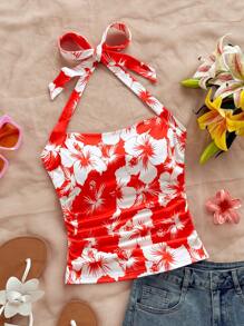 Soleia 女士度假针织浪漫粉色芙蓉印花露背收腰时尚吊带背心，适合春夏季节、派对、约会、情人节、下午茶、复活节、狂欢节、海滩巡游度假