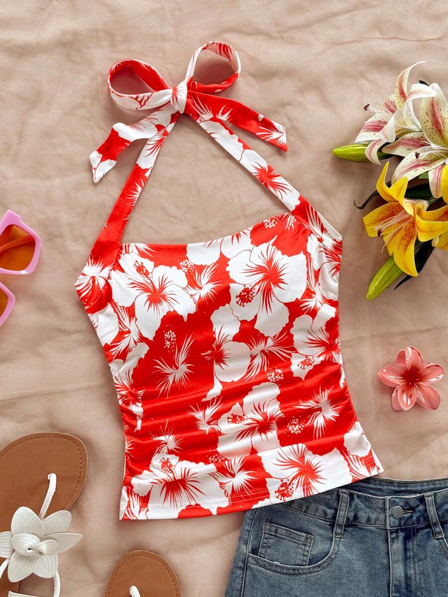 Soleia 女士度假针织浪漫粉色芙蓉印花露背收腰时尚吊带背心，适合春夏季节、派对、约会、情人节、下午茶、复活节、狂欢节、海滩巡游度假