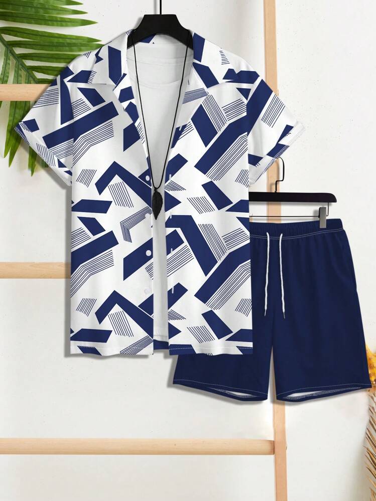 Manfinity RSRT Conjunto de 2 piezas de camisa de manga corta y pantalones cortos a rayas para hombres de talla grande en verano - Multicolor - Añade 1