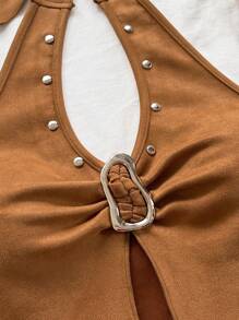 Soleia 女士休闲系带领金属扣合身不对称下摆上衣，绒面面料，西式风格，音乐节，派对，夏季