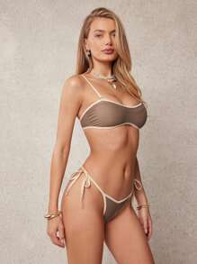 L'Amorae Sutien de bikini elegant cu bretele detașabile, model vacanță de vară, cu contrast de culoare, model vacanță - Maro - Vizualizare 4