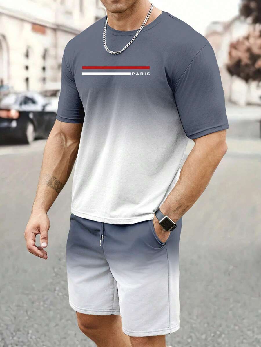 Manfinity Dauomo 男士夏季休闲渐变色短袖T恤和短裤套装
