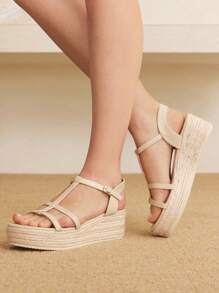 Styleloop Women's Adjustable Buckle Canvas Wedge Lace-Up Sandals - Apricot - View 5