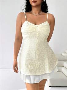 SHEIN EZwear Plus Size Slip-Dress With Bust Pleated Design, Two-Tone Cream Yellow & White, Cropped Length, Suitable For Vacation, Daily Wear, Date, Outing - Apricot - View 4