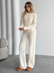 EURMUSE Off-White Cable-Knit Lounge Set – Cozy Ribbed Hem Sweater Matching Slim-Fit Pants, Petite, Autumn Clothes Casual - Cream - View 4