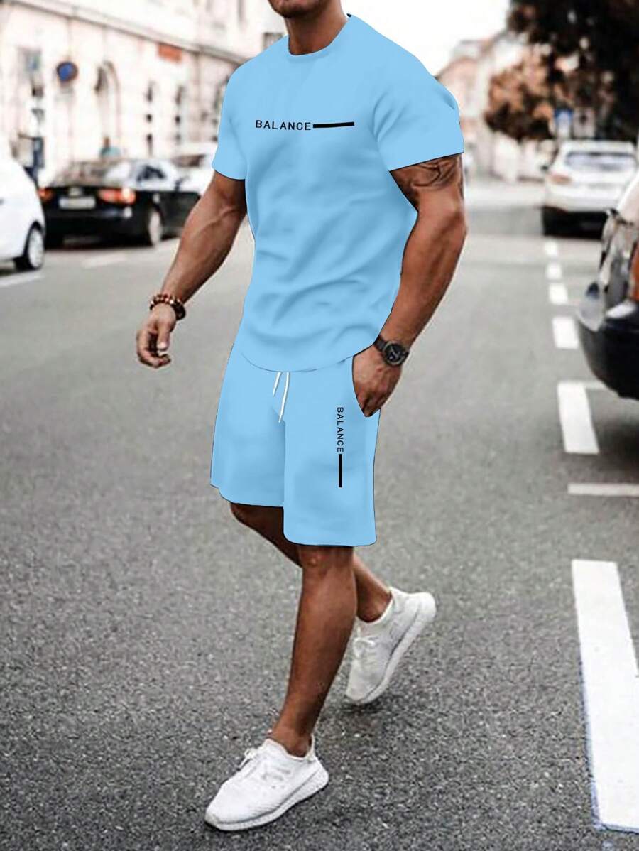 NEOREFINED Bộ quần short và áo phông in chữ thường ngày cho nam, mùa hè - Màu xanh lam - Xem 1