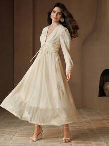 Anewsta Embroidered Floral Beaded V-Neck Long Sleeve Elegant Modern Women Dress, Spring/Summer - Apricot - View 6