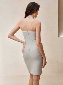 Anewsta 月光女神挂脖流苏修身迷你连衣裙，杏色性感节日派对俱乐部连衣裙 - 淺灰色 - 查看 3