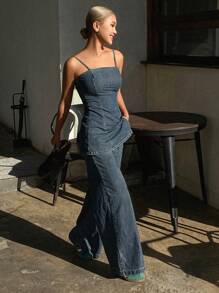 DAZY 女士 2 件套休闲背心和直筒牛仔裤，夏季牛仔装 - 中等水洗藍 - 查看 1