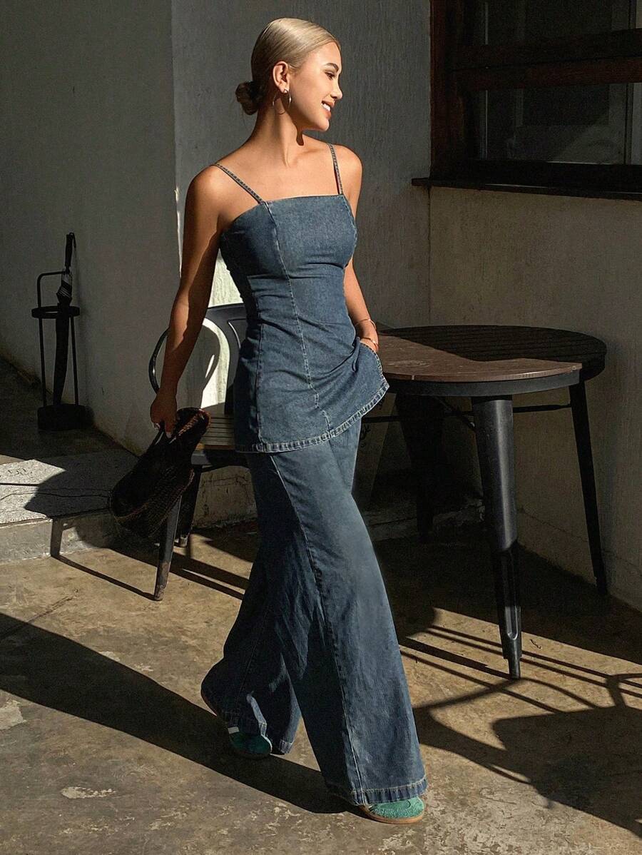 DAZY 女士 2 件套休闲背心和直筒牛仔裤，夏季牛仔装 - 中等水洗藍 - 查看 1