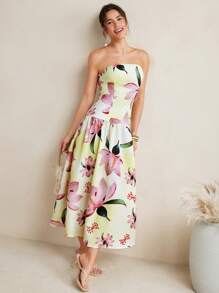 VIOLA AND VESPER Light Yellow Floral Printed Strapless Voluminous Woven Midi Dress Women Summer Elegant Butter Yellow Dress