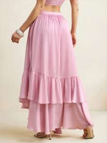Mathilde Lhomme Pastel Pink Satin High-Waist Layered Ruffle Maxi Skirt Women Elegant Summer Skirt - Pink - View 2