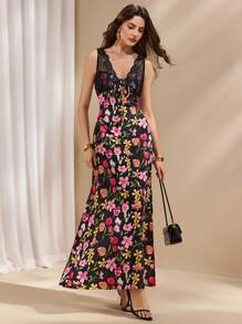 Chiquease 女士修身蕾丝拼布 V 领长裙 - 彩色 - 查看 4