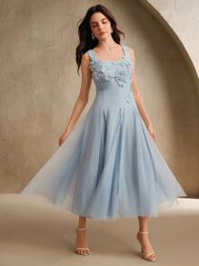 Anewsta 优雅的白色连衣裙，胸前有花卉印花装饰，适合春季、夏季、约会、节日、派对 - 淺藍色 - 查看 5