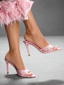 CUCCOO SZL 粉色蕾丝穆勒高跟凉鞋，简约实用，多功能