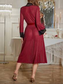 SHEIN Women's Lace Panel Long Sleeve V-Neck Silver Wire Mesh Robe, Fashionable - Burgundy - View 3