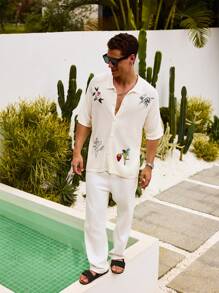 Manfinity RSRT 男士花卉刺绣前扣休闲短袖针织上衣沙滩装 - 白色 - 查看 3