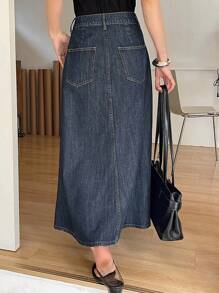 DAZY Chân váy chữ A bằng vải denim màu tối, kiểu dáng thường ngày dành cho nữ, chân váy jeans mùa xuân/hè. - Màu xanh hải quân - Xem 2