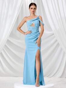 Coutiva Vestido de noche elegante de mujer con cuello asimétrico con cuentas, recorte hueco y abertura alta, vestido formal para fiestas y eventos, apto para invitada de boda - Azul - Ver 4
