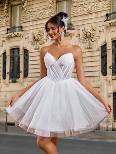 Lovelzi 奢华、优雅、高贵、宫廷风格、白色、闪光、薄纱、褶饰、抹胸、露肩领口、美人鱼廓形连衣裙，适合单身派对、婚礼、毕业季、度假、新娘送礼会礼物、新娘