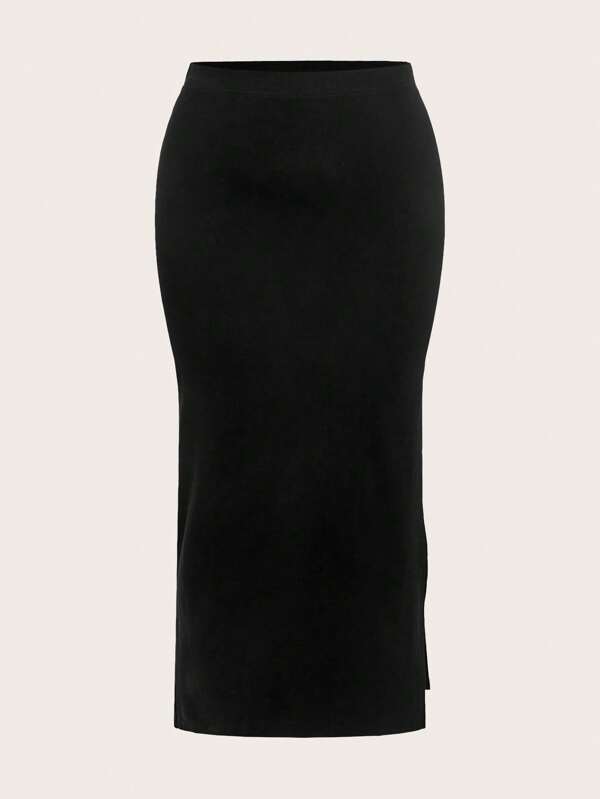 SHEIN BASICS Plus Size Casual Solid Color Knit Split Hem Skirt