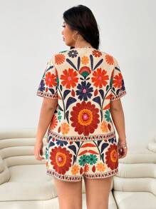 Solflare 2pcs Plus Size Women Floral Print Shirt And Shorts SetSummer Outfits For Women,Two Piece Set Women Valentine's Day Outfit - Multicolor - View 2