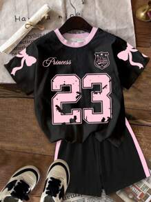 SHEIN 2pcs Sweet Bow & English Numeral 23 Print Young Girl Casual Short Sleeve Shorts Set, Suitable For Summer, Comfortable Casual Wear, Spring & Summer Street Style, Basics, Cozy Feel, Vacay Vibes