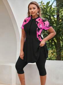 Swim Mulvari 2pcs/Set Plus Size Women Conservative Zip Front Round Neck Cinched Waist Middle East Style Casual Holiday Burkini Swimwear,Summer Outfits For Women,Bathing Suit