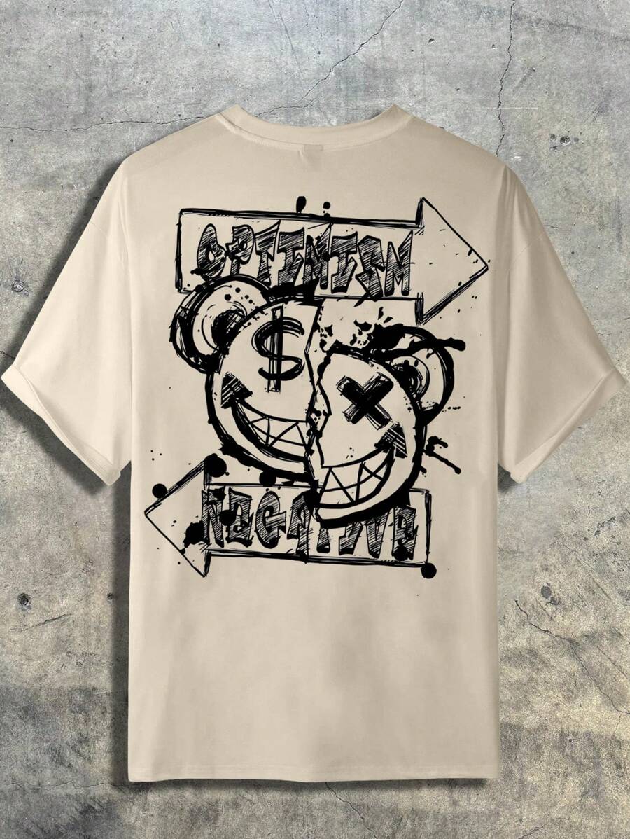 AXEPEAK Men's Cartoon & Letter Graphic Drop Shoulder Tee, Summer, Streetwear Edition - Beige - View 1