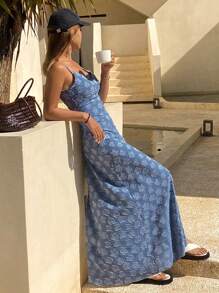 Livesso 女士中长款蕾丝提花吊带连衣裙，适合度假穿着 - 藍色 - 查看 3