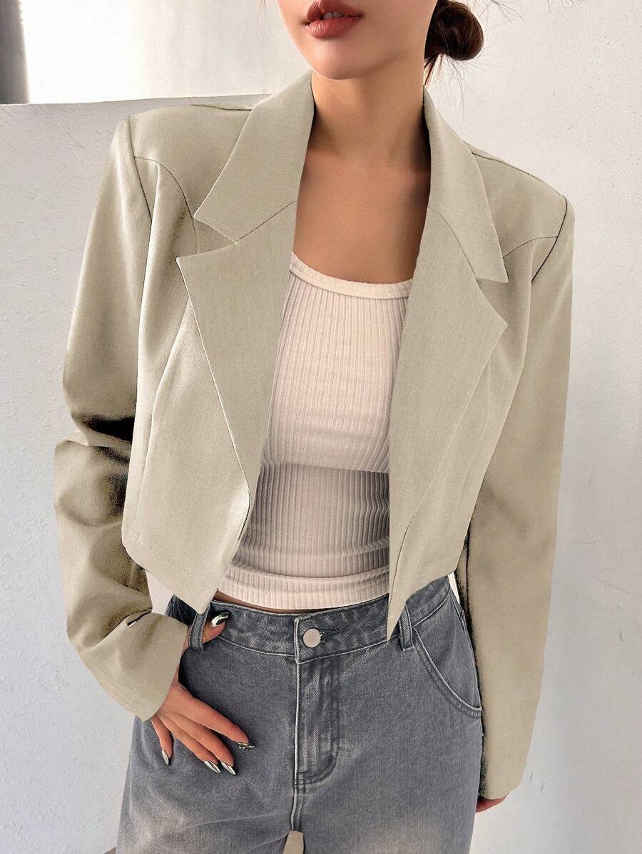 DAZY Áo blazer ngắn tay cổ ve lật màu trơn dành cho nữ, trang phục công sở mùa thu. - Màu be - Xem 1