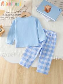 SHEIN 2 件装男婴休闲纯色长袖上衣搭配经典格子印花裤，家居服套装 - 彩色 - 查看 2