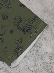 SHEIN Playful Pals 1 Set Toddler Cartoon Style T-Shirt And Shorts Set, T-Shirt With Adorable Green Dinosaur Head Print, Shorts With All-Over Blue Dinosaur And Fossil Pattern, Short Sleeve Shorts, Lightweight, Suitable For Daily Wear, Spring/Summer - Multicolor - View 8