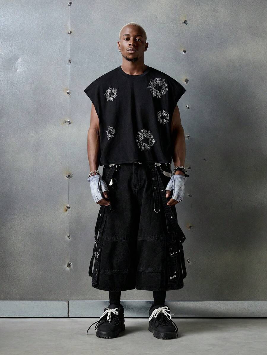 NEON BLANC Áo ba lỗ cổ tròn không tay đính đá dệt kim kiểu Gothic dành cho nam, phù hợp cho mùa hè, phiên bản đường phố - màu đen - Xem 1