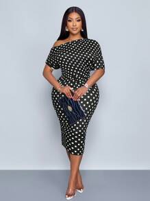 SOLERSUN 大码女装派对情人节舞会法国白色波点图案露肩短袖针织包臀老款跨年性感休闲女中长连衣裙超长款淑女浪漫情人节约会春夏新款优雅通勤商务狂欢/嘉年华 - 黑色 - 查看 3