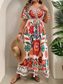 Breezaya Robe midi d'été à foulards, col en V, ceinturée, avec volants à l'ourlet, imprimé art abstrait tropical, pour grande taille