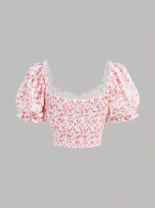 Girlism 少女花卉印花休闲褶饰泡泡袖衬衫 - 紅木色 - 查看 6